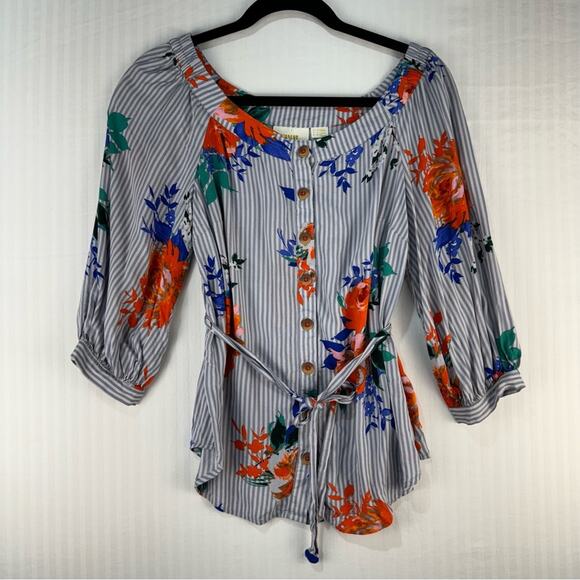 Maeve Anthropologie Lilorne Blouse Tie-Waist Floral Gray Striped Size 2 X-Small - Picture 1 of 9